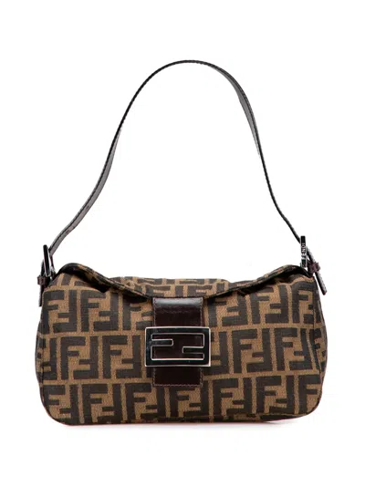 Pre-owned Fendi 2000-2010 Zucca Canvas Double Flap Shoulder Bag In Brown