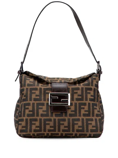 Pre-owned Fendi 2000-2010 Zucca Canvas Double Flap Shoulder Bag In Brown