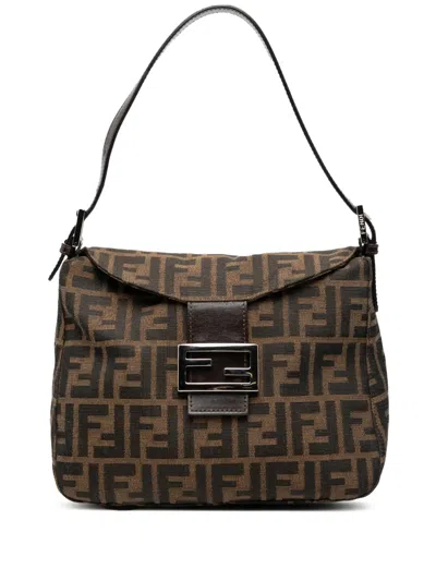 Pre-owned Fendi 2000-2010 Zucca Canvas Double Flap Shoulder Bag In Brown