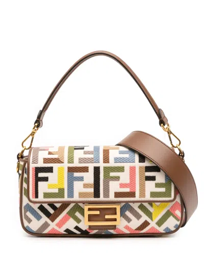 Pre-owned Fendi 2000-2010 Zucca Canvas Embroidered Baguette Satchel In Brown