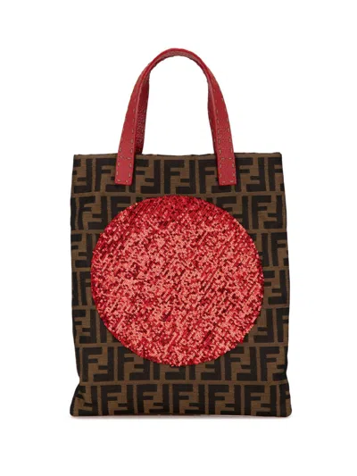 Pre-owned Fendi 2000-2010 Zucca Canvas Sequins Tote Bag In Red