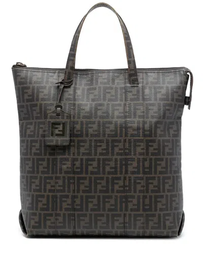 Pre-owned Fendi 2000-2010 Zucca Coated Canvas Vertical Tote Bag In Brown