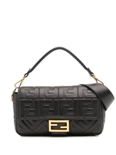 Pre-owned Fendi 2000-2010 Zucca Embossed Leather Baguette Satchel In Black