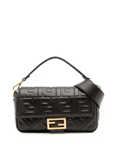 Pre-owned Fendi 2000-2010 Zucca Embossed Leather Baguette Satchel In Black