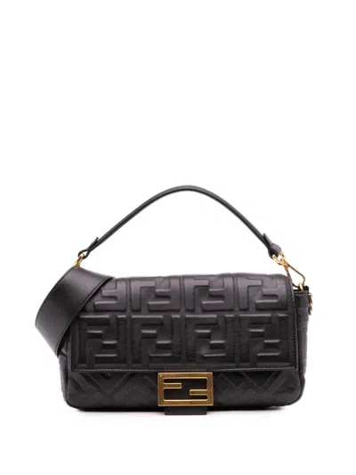Pre-owned Fendi 2000-2010 Zucca Embossed Leather Baguette Satchel In Black