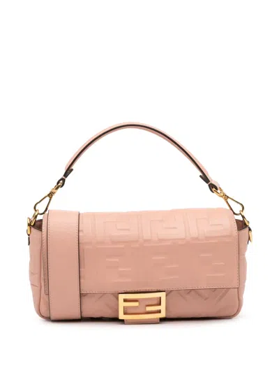 Pre-owned Fendi 2000-2010 Zucca Embossed Leather Baguette Satchel In Pink