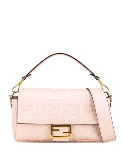Pre-owned Fendi 2000-2010 Zucca Embossed Leather Baguette Satchel In Pink
