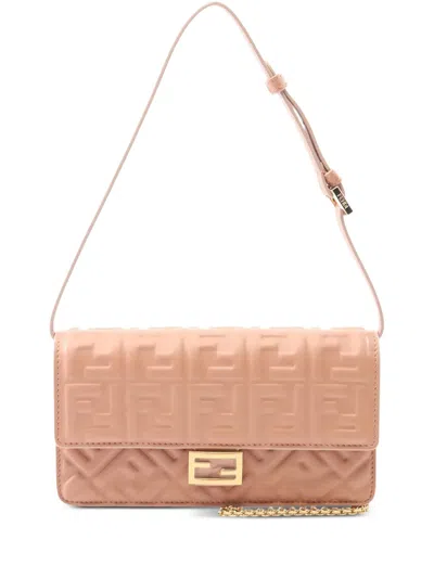 Pre-owned Fendi 2000-2010 Zucca Embossed Leather Baguette Wallet On Chain Satchel In Pink