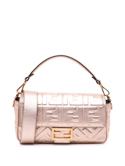 Pre-owned Fendi 2000-2010 Zucca Embossed Metallic Leather Baguette Satchel In Pink