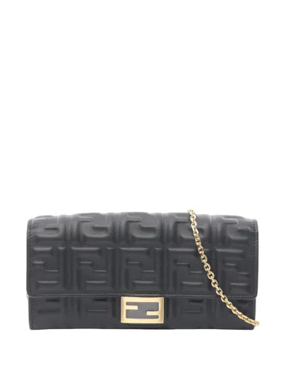 Pre-owned Fendi 2000-2010 Zucca Embossed Nappa Baguette Continental Wallet With Chain Crossbody Bag In Black
