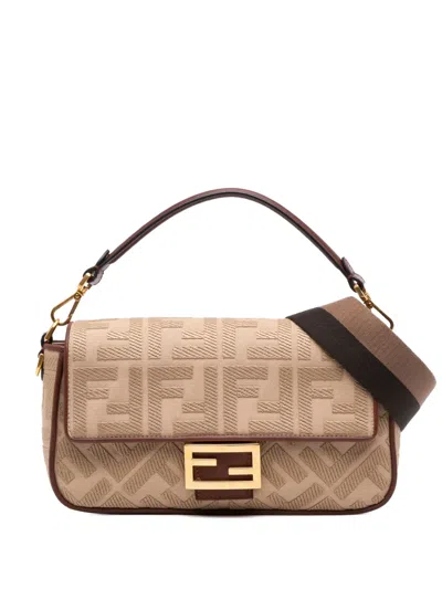 Pre-owned Fendi 2000-2010 Zucca Embroidered Canvas Baguette Satchel In Brown