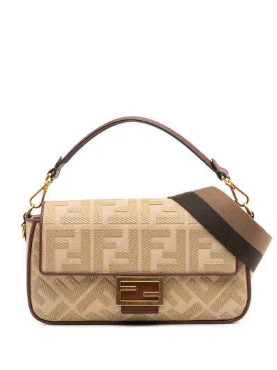 Pre-owned Fendi 2000-2010 Zucca Embroidered Canvas Baguette Satchel In Brown