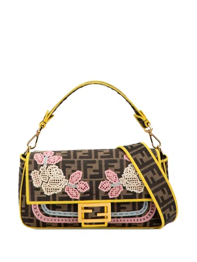 Pre-owned Fendi 2000-2010 Zucca Embroidered Canvas Floral Baguette Satchel In Brown