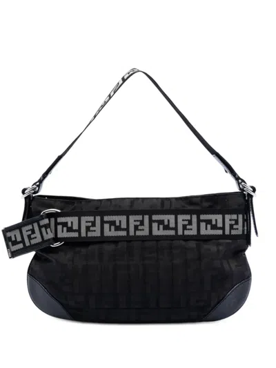 Pre-owned Fendi 2000-2010 Zucca Nylon Zip Code Shoulder Bag In Black