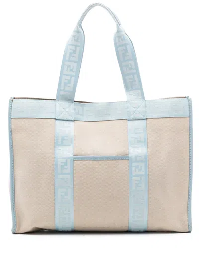 Pre-owned Fendi 2000-2010 Zucca Trimmed Canvas Tote Bag In Blue