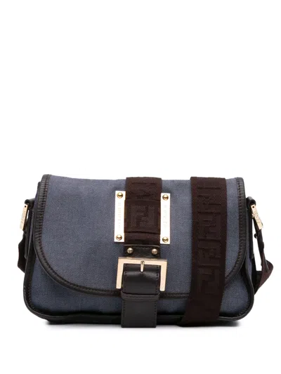 Pre-owned Fendi 2000-2010 Zucca Trimmed Denim Buckle Flap Bag Crossbody Bag In Blue