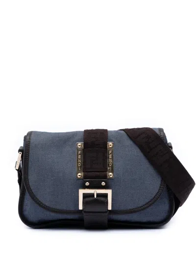 Pre-owned Fendi 2000-2010 Zucca Trimmed Denim Buckle Flap Crossbody Bag In Blue
