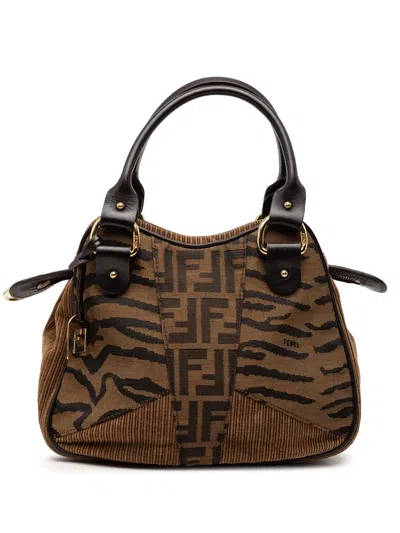 Pre-owned Fendi 2000-2010 Zucca Zebra Print Canvas Handbag In Brown