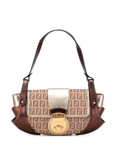 Pre-owned Fendi 2000-2010 Zucchino Canvas And Metallic Leather Compilation Shoulder Bag In Brown