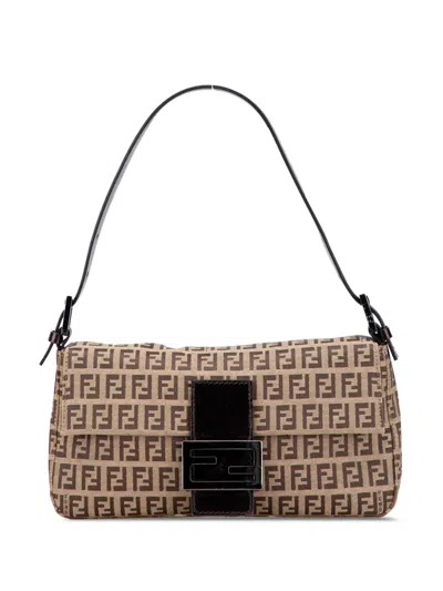 Pre-owned Fendi 2000-2010 Zucchino Canvas Baguette Shoulder Bag In Brown