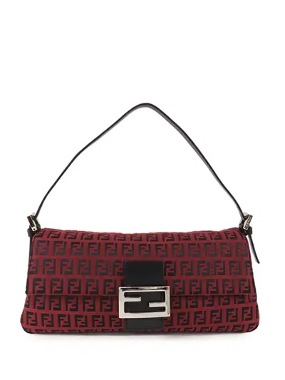 Pre-owned Fendi 2000-2010 Zucchino Canvas Baguette Shoulder Bag In Red