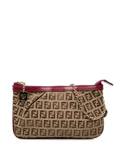 Pre-owned Fendi 2000-2010 Zucchino Canvas Chain Pochette Shoulder Bag In Brown
