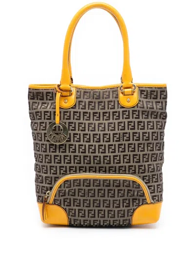 Pre-owned Fendi 2000-2010 Zucchino Canvas Chef Front Pocket Shopping Tote Bag In Brown