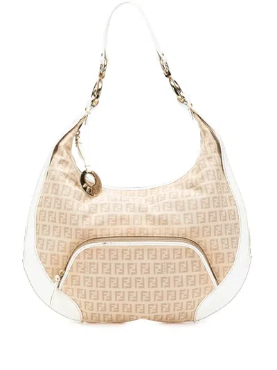 Pre-owned Fendi 2000-2010 Zucchino Canvas Chef Pocket Hobo Bag In Brown