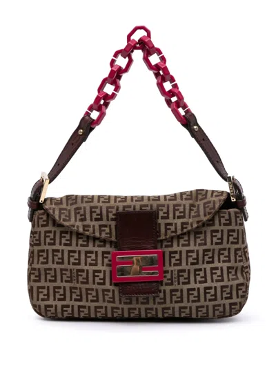 Pre-owned Fendi 2000-2010 Zucchino Canvas Double Flap Chain Shoulder Bag In Brown