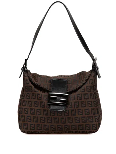 Pre-owned Fendi 2000-2010 Zucchino Canvas Double Flap Mamma Shoulder Bag In Brown