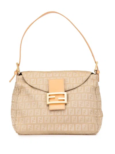 Pre-owned Fendi 2000-2010 Zucchino Canvas Double Flap Mamma Shoulder Bag In Brown
