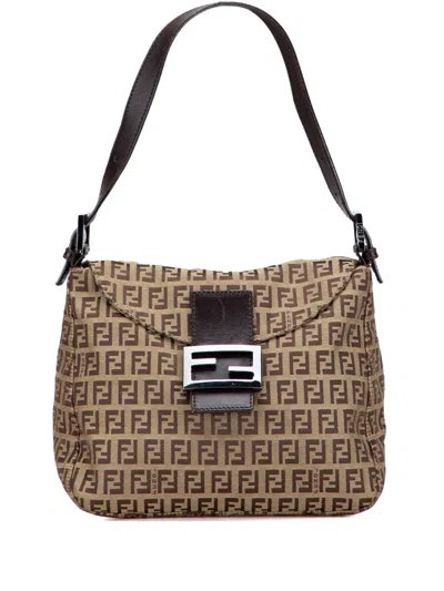 Pre-owned Fendi 2000-2010 Zucchino Canvas Double Flap Mamma Shoulder Bag In Brown