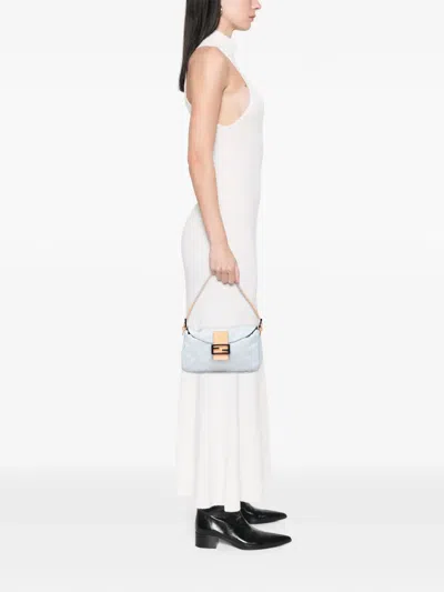 Pre-owned Fendi 2000-2010 Zucchino Canvas Double Flap Shoulder Bag In Blue