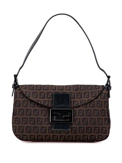 Pre-owned Fendi 2000-2010 Zucchino Canvas Double Flap Shoulder Bag In Brown