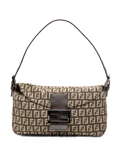 Pre-owned Fendi 2000-2010 Zucchino Canvas Double Flap Shoulder Bag In Brown