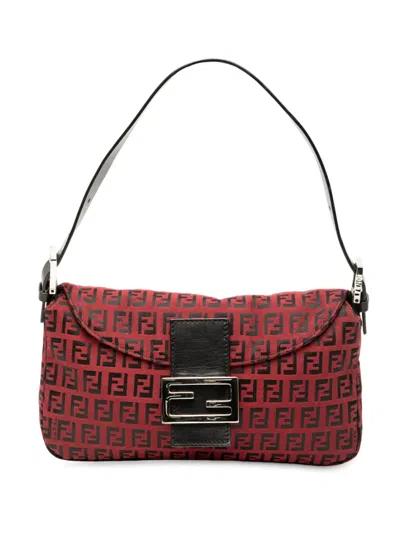 Pre-owned Fendi 2000-2010 Zucchino Canvas Double Flap Shoulder Bag In Red