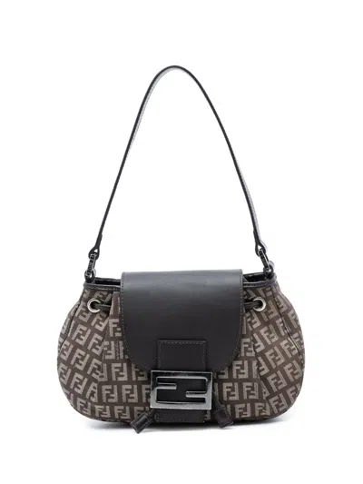 Pre-owned Fendi 2000-2010 Zucchino Canvas Drawstring Shoulder Bag In Brown