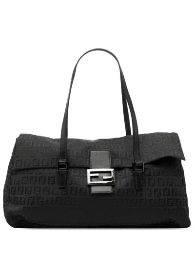 Pre-owned Fendi 2000-2010 Zucchino Canvas East West Shoulder Bag In Black
