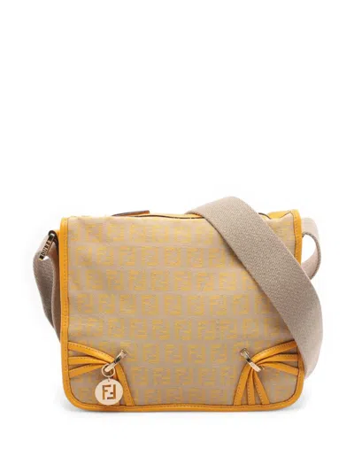 Pre-owned Fendi 2000-2010 Zucchino Canvas F Charm Crossbody Bag In Brown