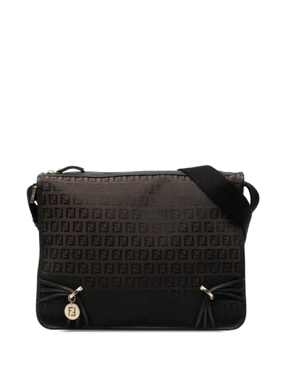 Pre-owned Fendi 2000-2010 Zucchino Canvas F Charm Crossbody Bag In Brown