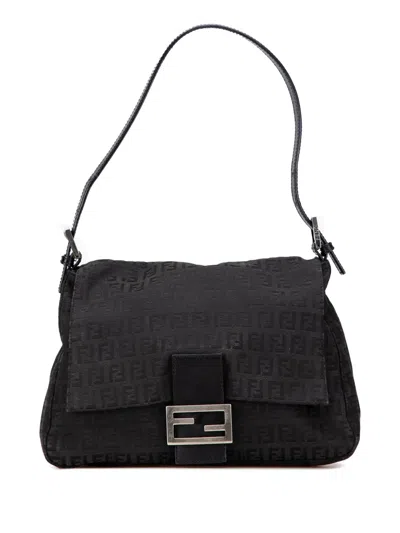 Pre-owned Fendi 2000-2010 Zucchino Canvas Mamma Forever Shoulder Bag In Black