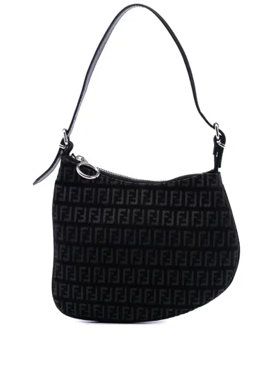 Pre-owned Fendi 2000-2010 Zucchino Canvas Oyster Shoulder Bag In Black