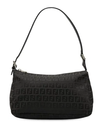 Pre-owned Fendi 2000-2010 Zucchino Canvas Pochette Shoulder Bag In Black