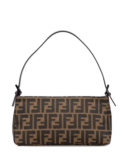 Pre-owned Fendi 2000-2010 Zucchino Canvas Pochette Shoulder Bag In Brown