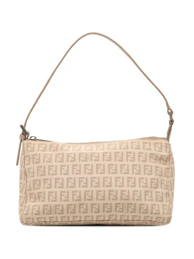 Pre-owned Fendi 2000-2010 Zucchino Canvas Pochette Shoulder Bag In Brown