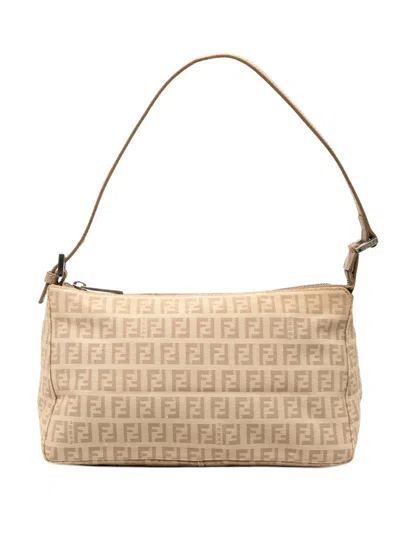 Pre-owned Fendi 2000-2010 Zucchino Canvas Pochette Shoulder Bag In Brown
