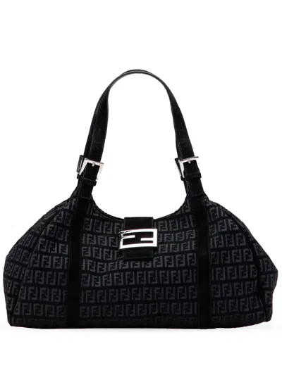 Pre-owned Fendi 2000-2010 Zucchino Canvas Shoulder Bag In Black