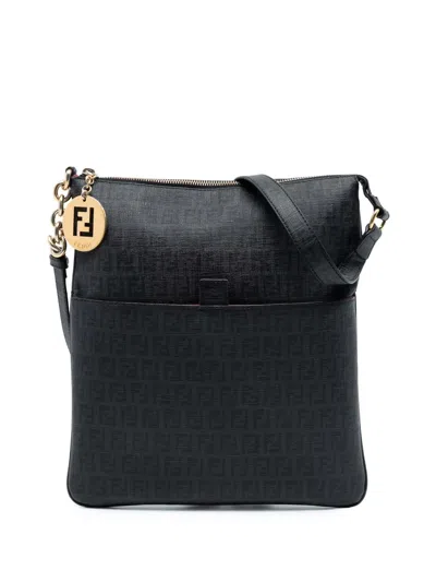 Pre-owned Fendi 2000-2010 Zucchino Coated Canvas Charm Zip Crossbody Bag In Black