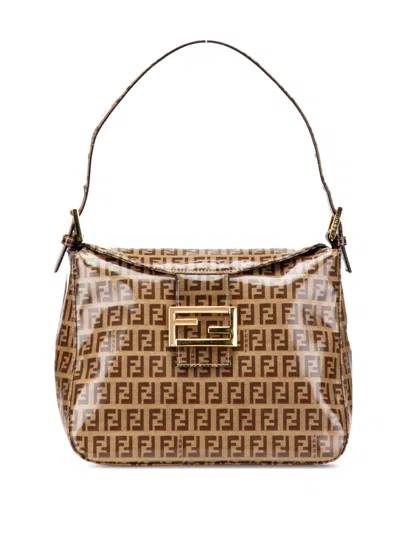 Pre-owned Fendi 2000-2010 Zucchino Crystal Double Flap Mamma Shoulder Bag In Brown