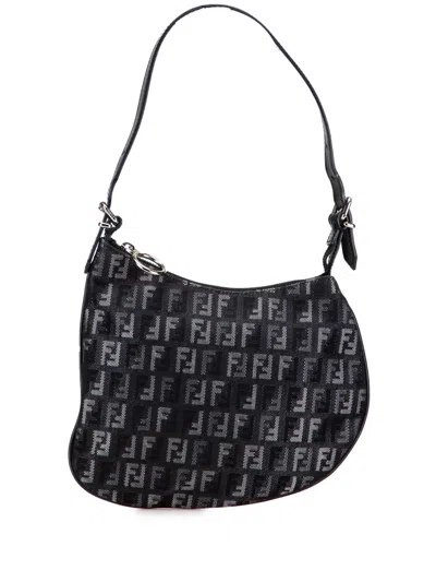 Pre-owned Fendi 2000-2010 Zucchino Denim Oyster Shoulder Bag In Black